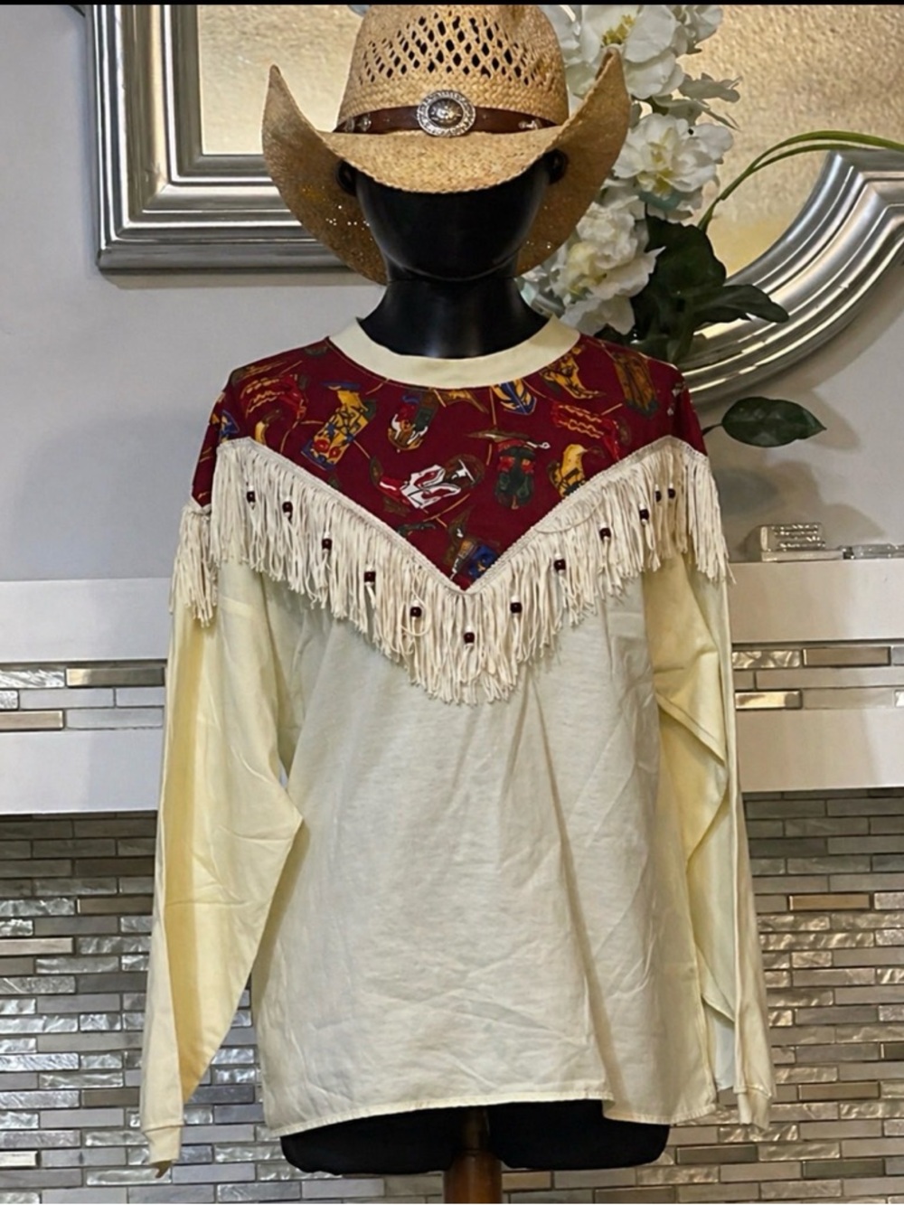 Vintage Hazelwood Fringe and beads Accent western cowboy blouse Size L